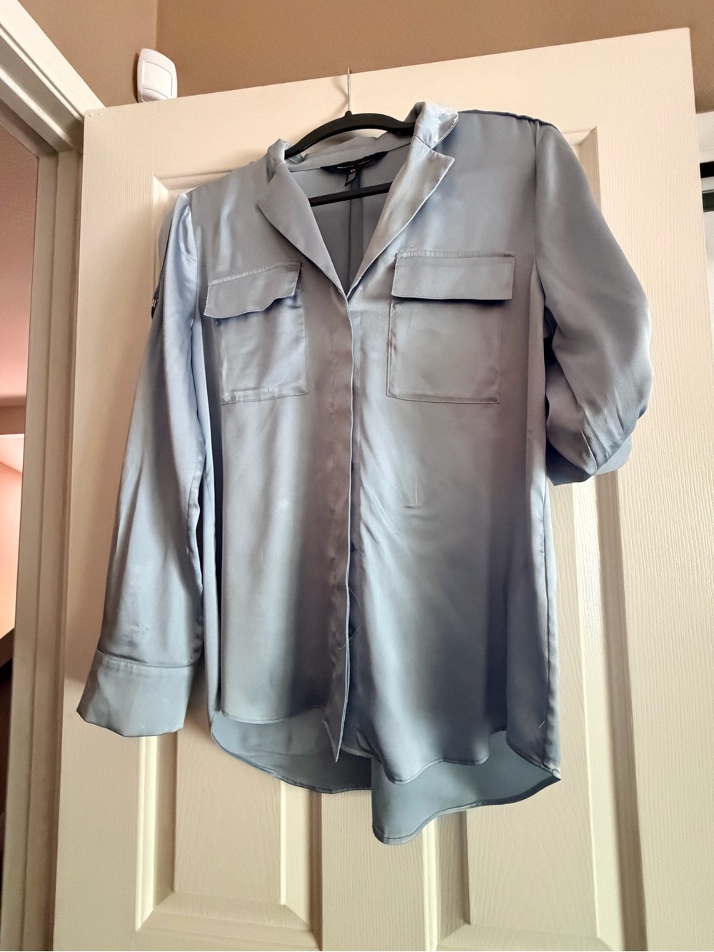 White House Black Market Pale Blue Satin Utility Blouse